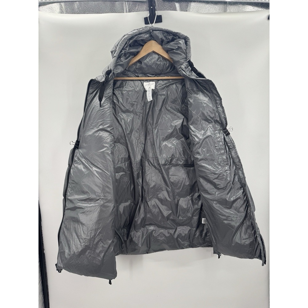 Women XL Metallic Gray Puffer Down Coat Hooded Jacket Mid Length Pockets Winter - Picture 3 of 16